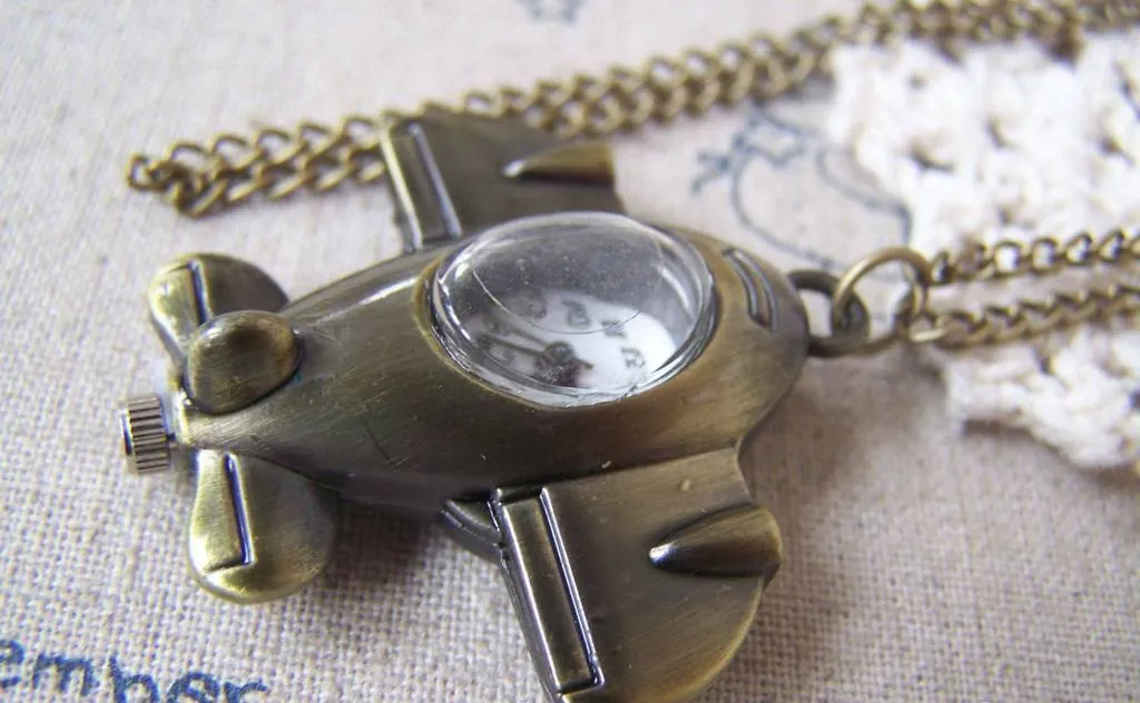 1 PC Antique Bronze Airplane Pocket Watch Necklace A4612