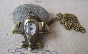 1 PC Antique Bronze Airplane Pocket Watch Necklace A4612