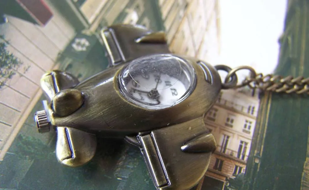 1 PC Antique Bronze Airplane Pocket Watch Necklace A4612