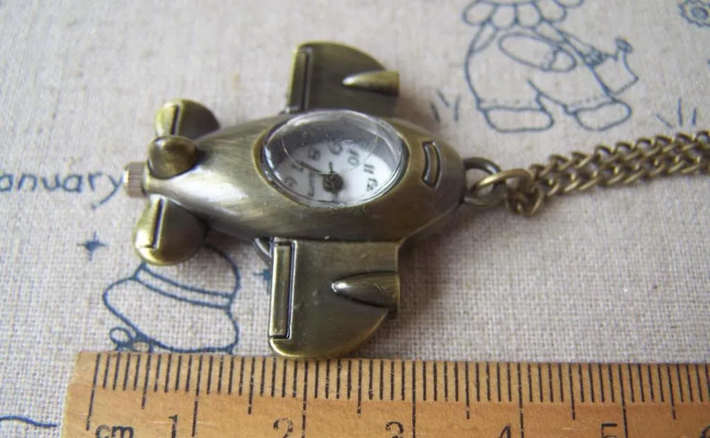 1 PC Antique Bronze Airplane Pocket Watch Necklace A4612