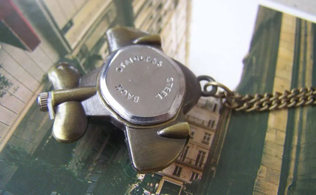 1 PC Antique Bronze Airplane Pocket Watch Necklace A4612