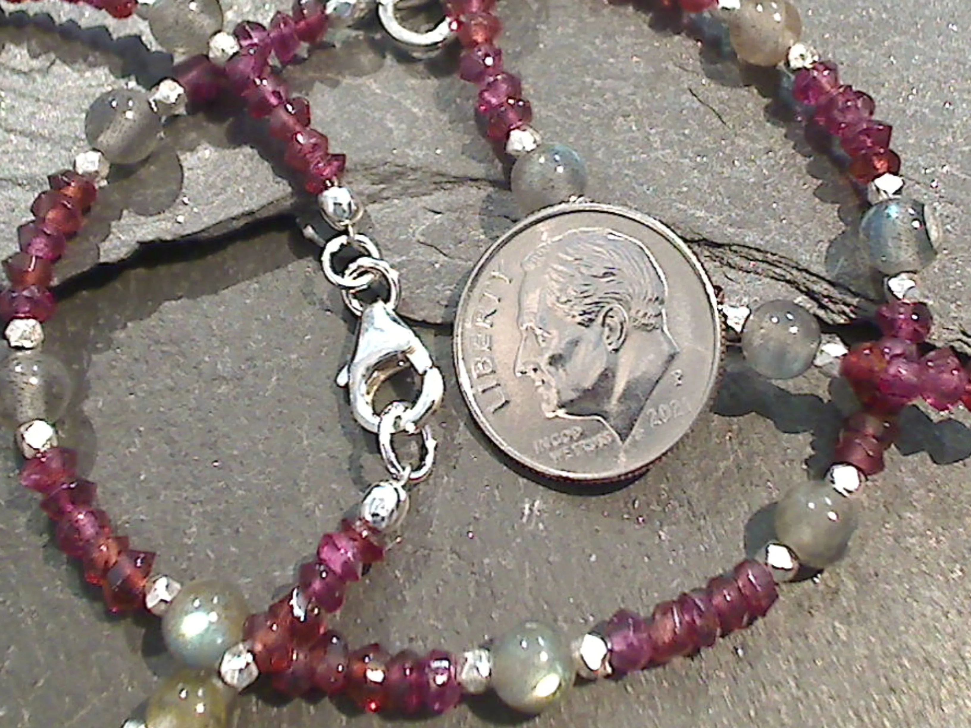 6.75" Garnet, Labradorite, Sterling Silver Bracelet
