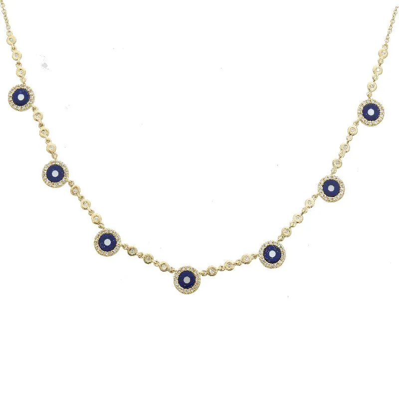 7 Station Evil Eye Gemstone Diamond Halo Necklace