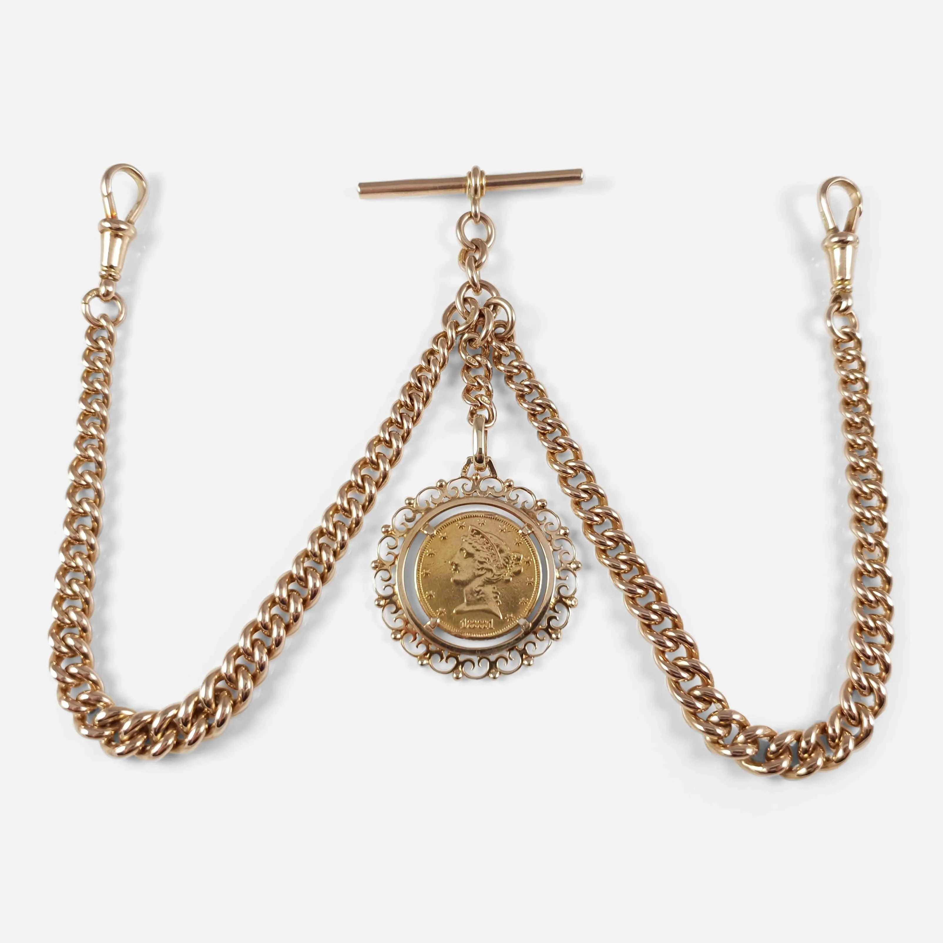 9ct Gold Double Albert Watch Chain with 5 Dollar Coin