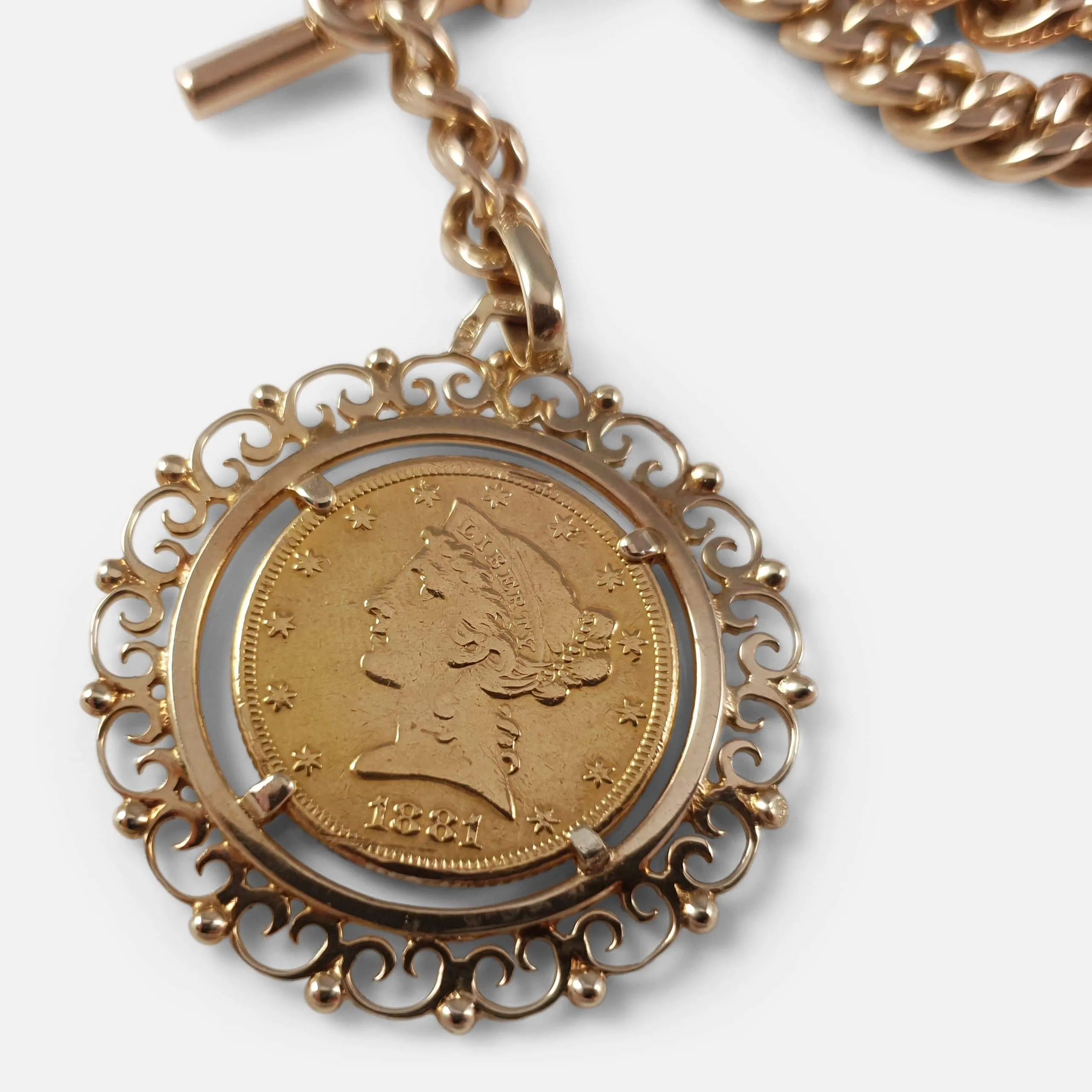 9ct Gold Double Albert Watch Chain with 5 Dollar Coin