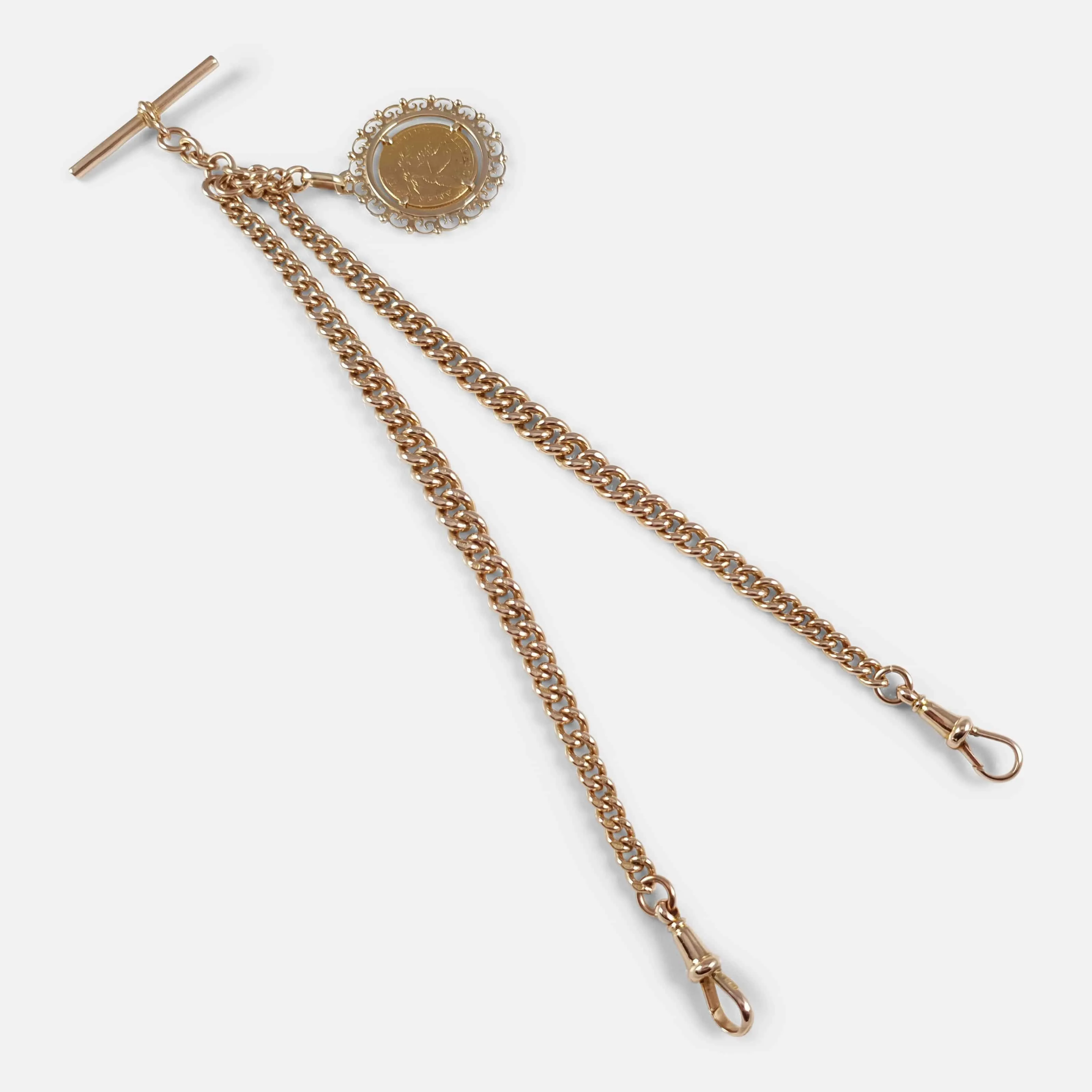 9ct Gold Double Albert Watch Chain with 5 Dollar Coin