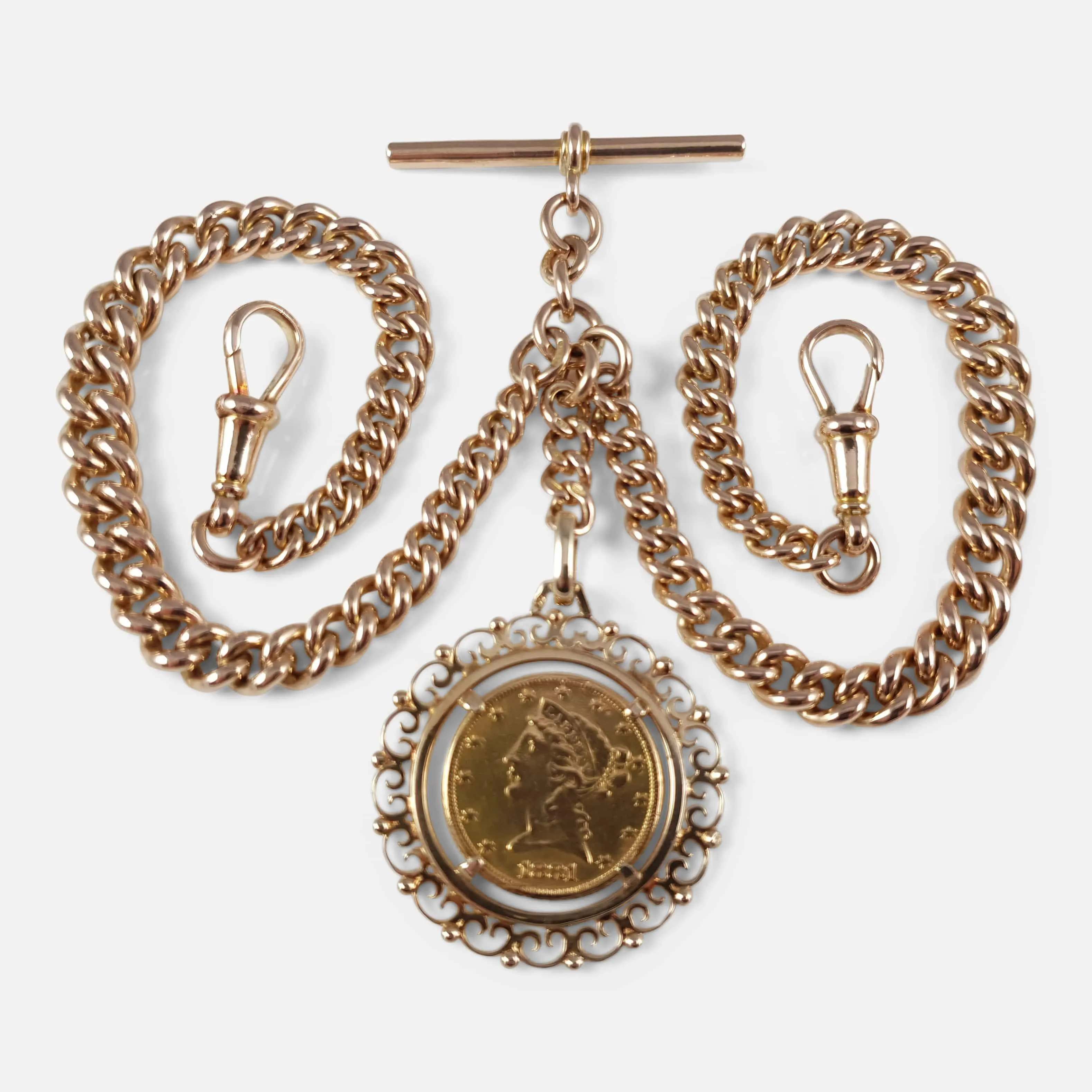 9ct Gold Double Albert Watch Chain with 5 Dollar Coin