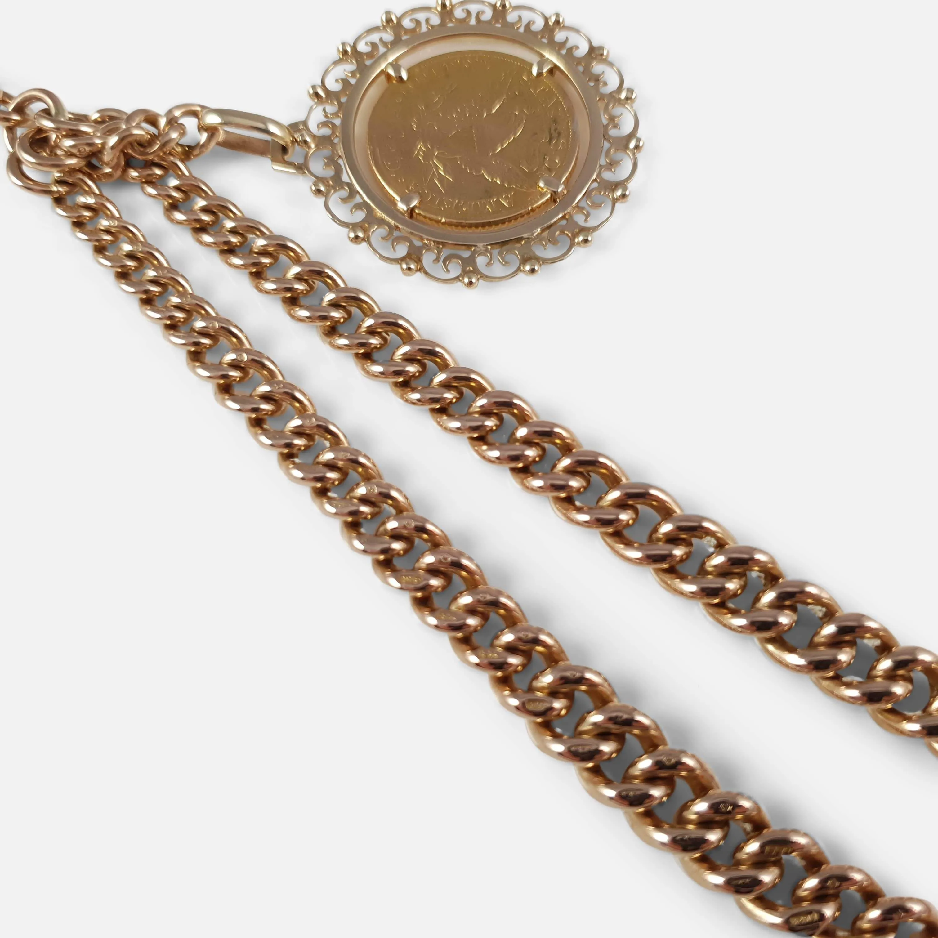 9ct Gold Double Albert Watch Chain with 5 Dollar Coin