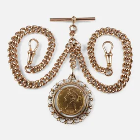 9ct Gold Double Albert Watch Chain with 5 Dollar Coin