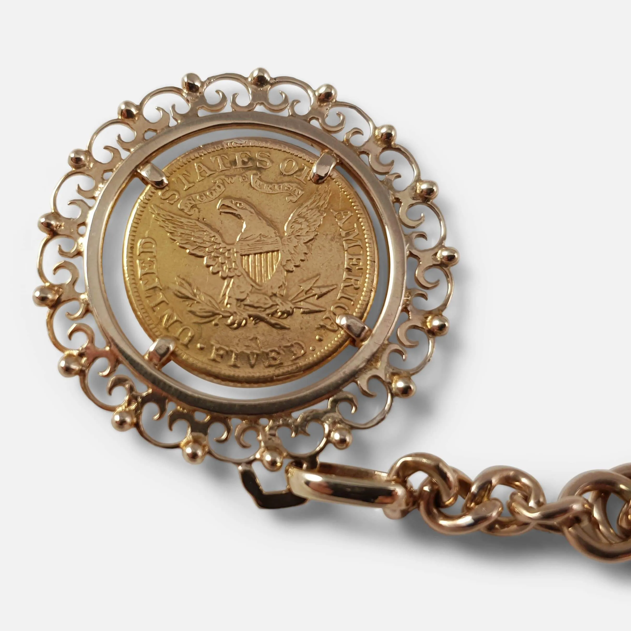 9ct Gold Double Albert Watch Chain with 5 Dollar Coin