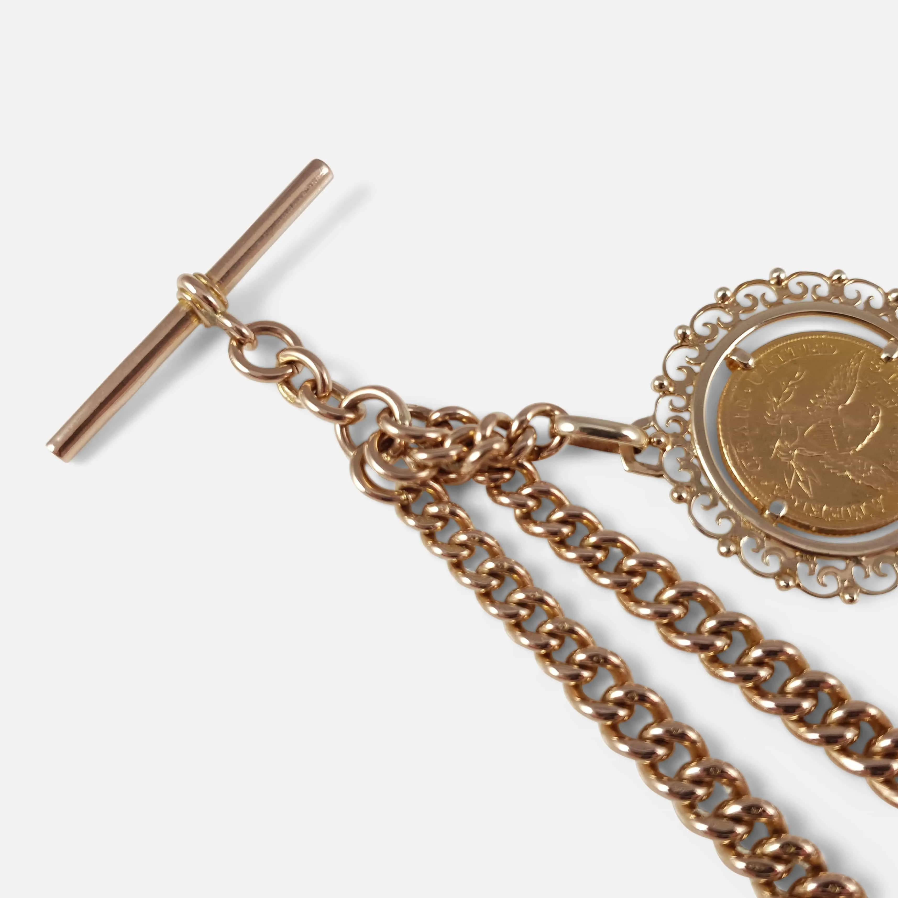 9ct Gold Double Albert Watch Chain with 5 Dollar Coin