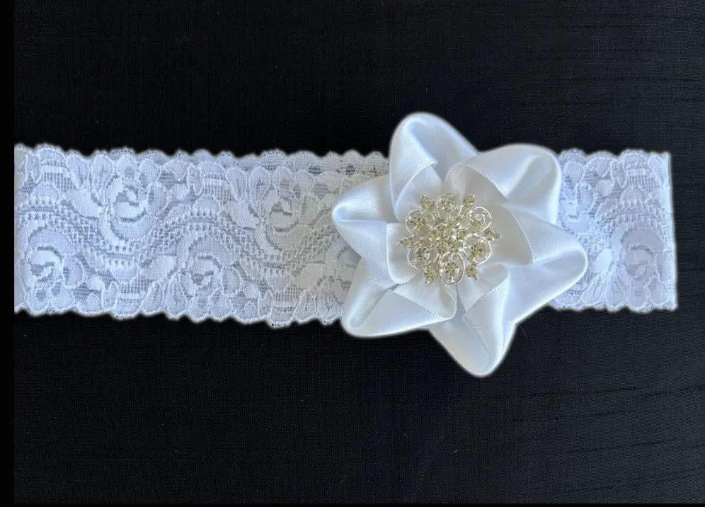 Baby Christening Headband Featuring a Ribbon Flower with Diamante