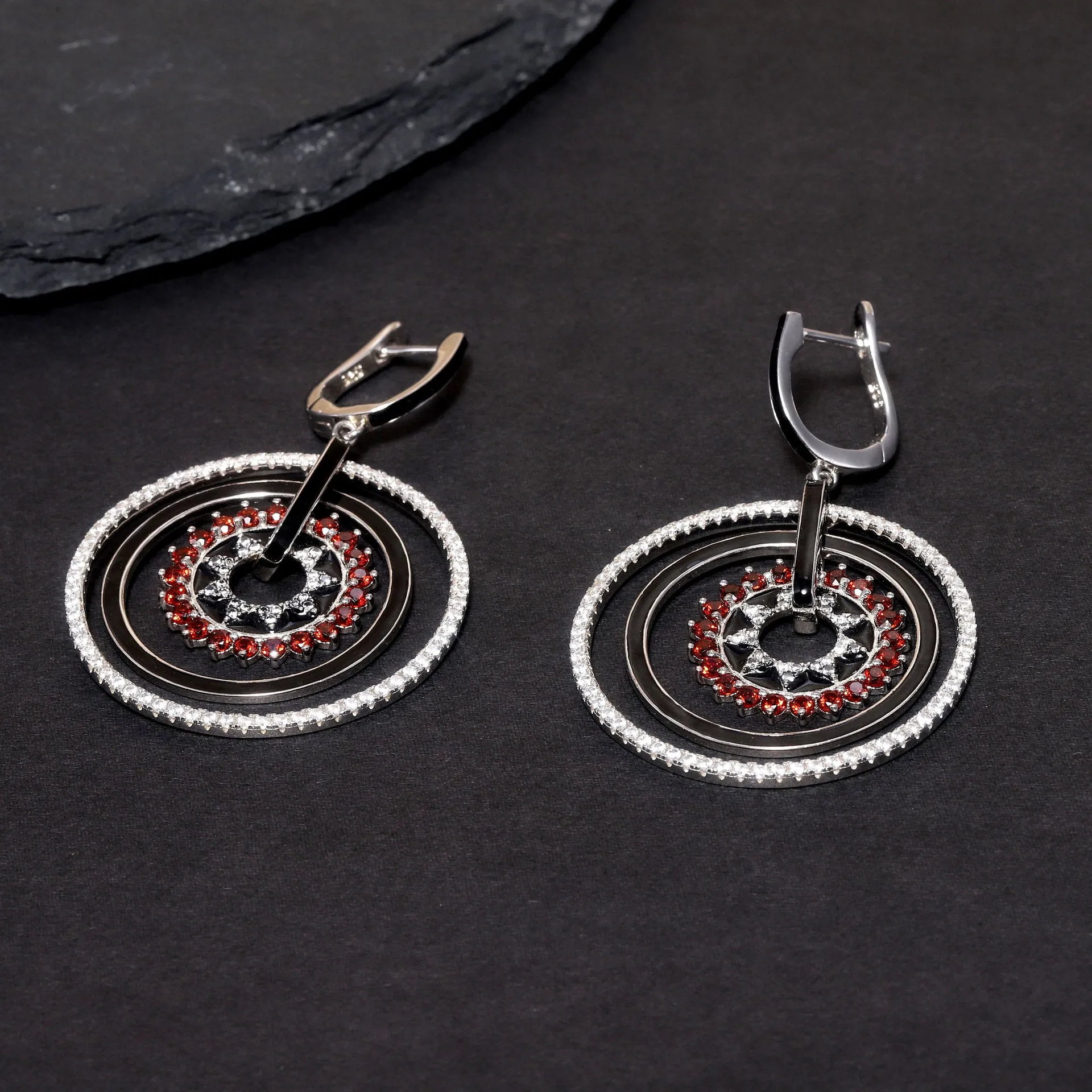 Enamel Multilayer Circle with Gemstones Silver Drop Earrings