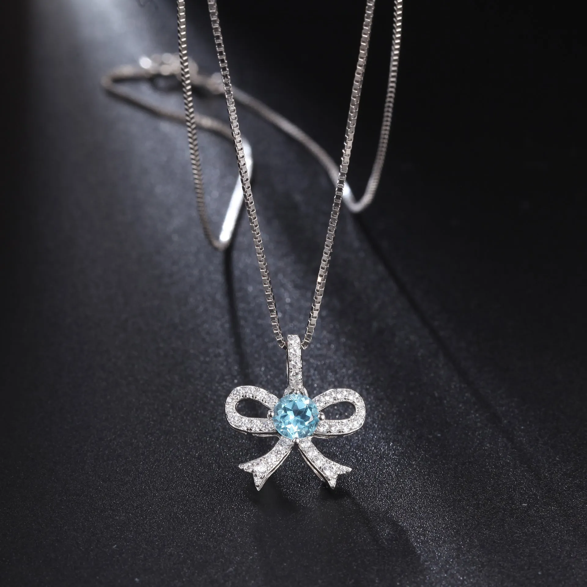 French Romantic Luxury Jewelry Design Inlaid Colourful Gemstone Bowknot Pendant Silver Necklace for Women