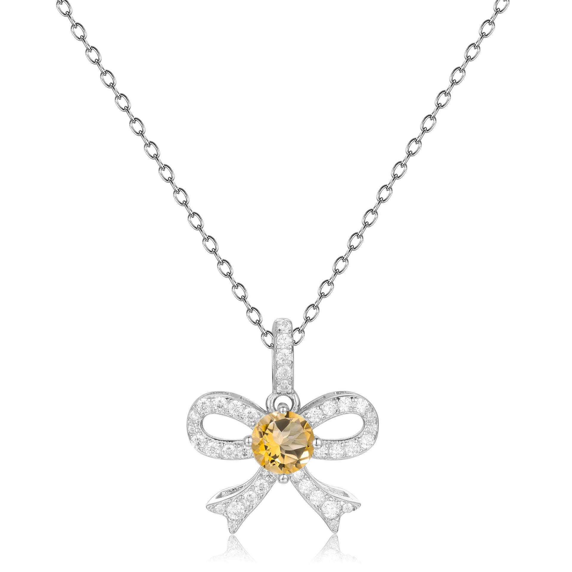 French Romantic Luxury Jewelry Design Inlaid Colourful Gemstone Bowknot Pendant Silver Necklace for Women