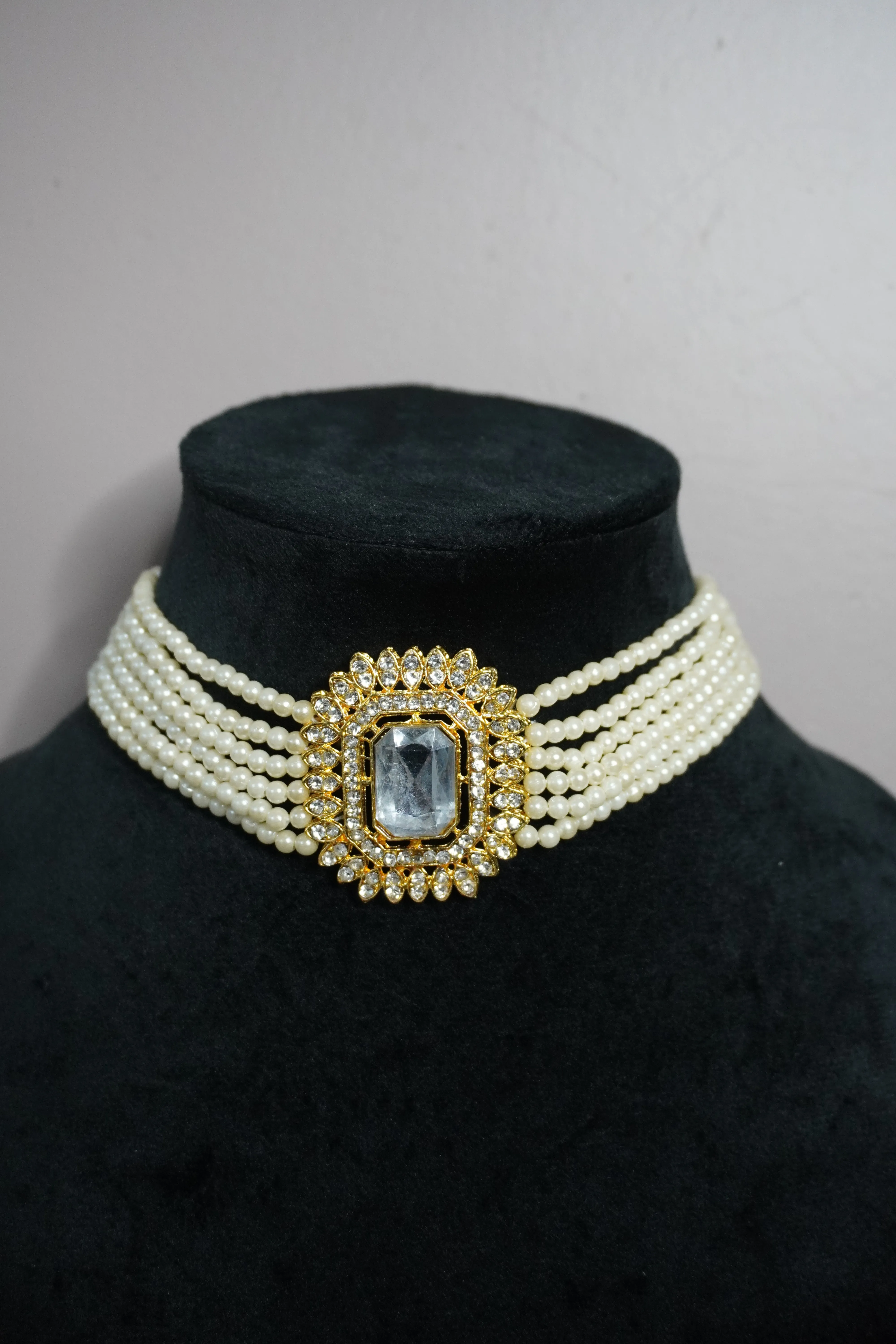 Gold Plated Pearl Choker Necklace with Earring