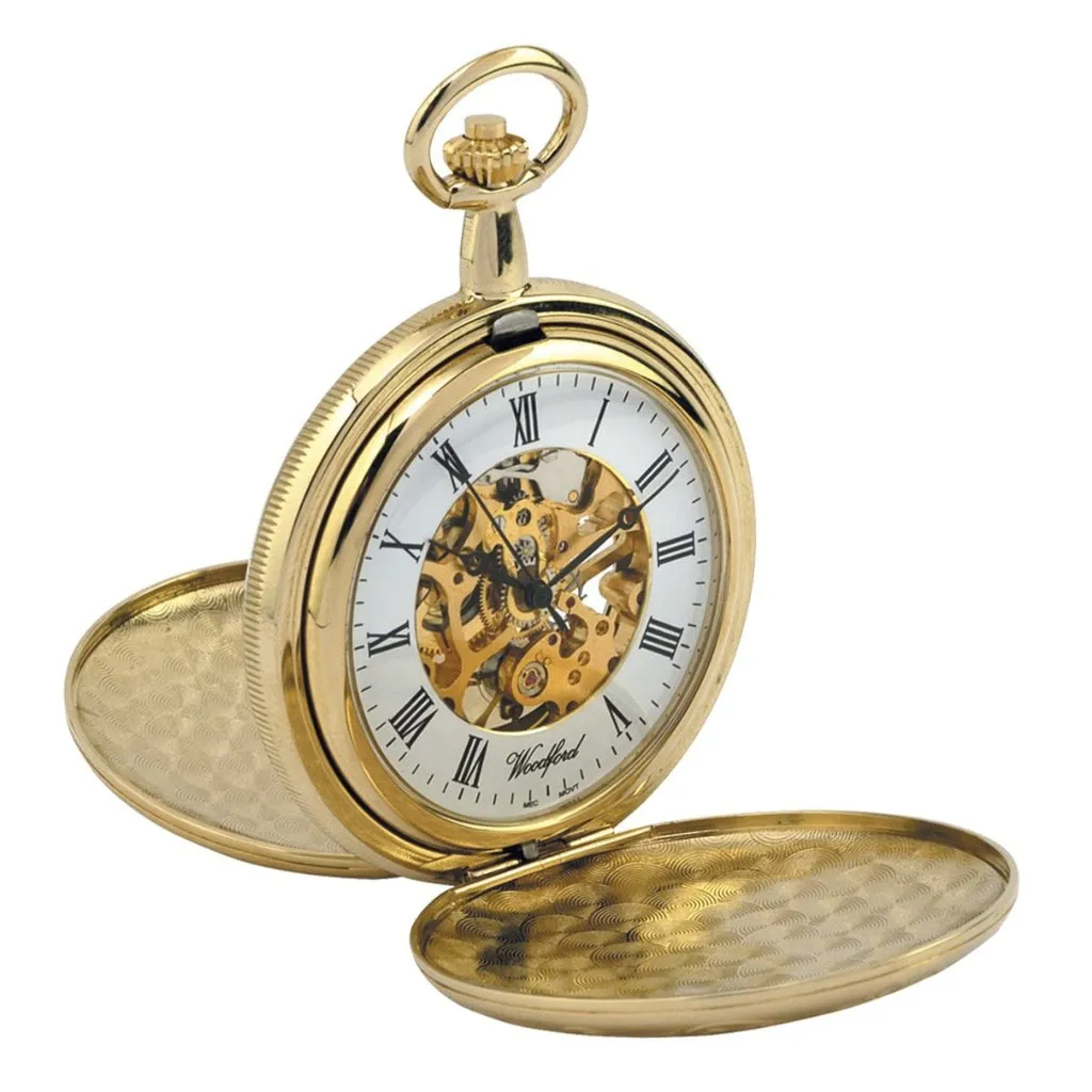 Gold Plated Twin Lid Full Hunter Skeleton Pocket Watch by Woodfords GP1063