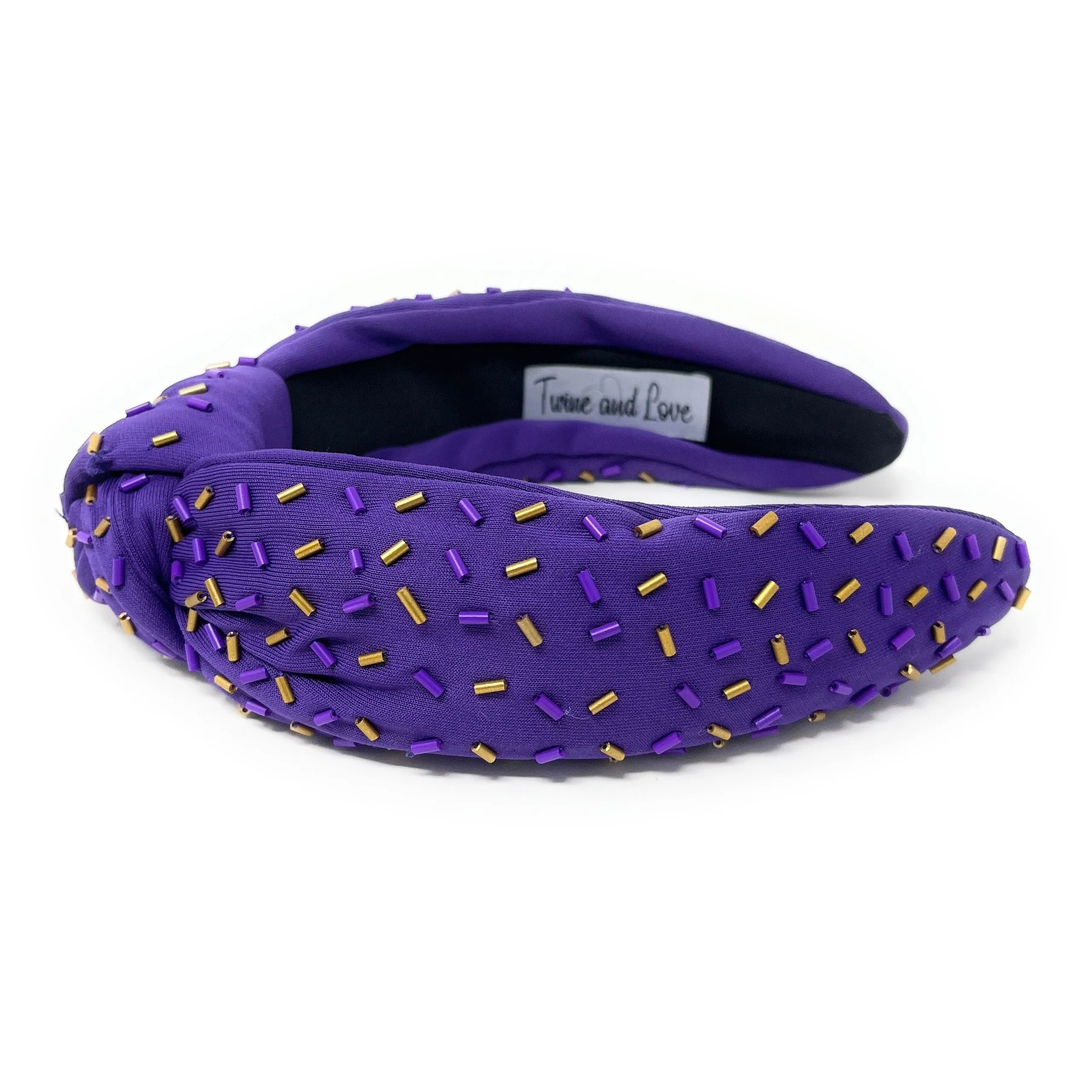 Hand Beaded Purple Gold Confetti Knot Headband