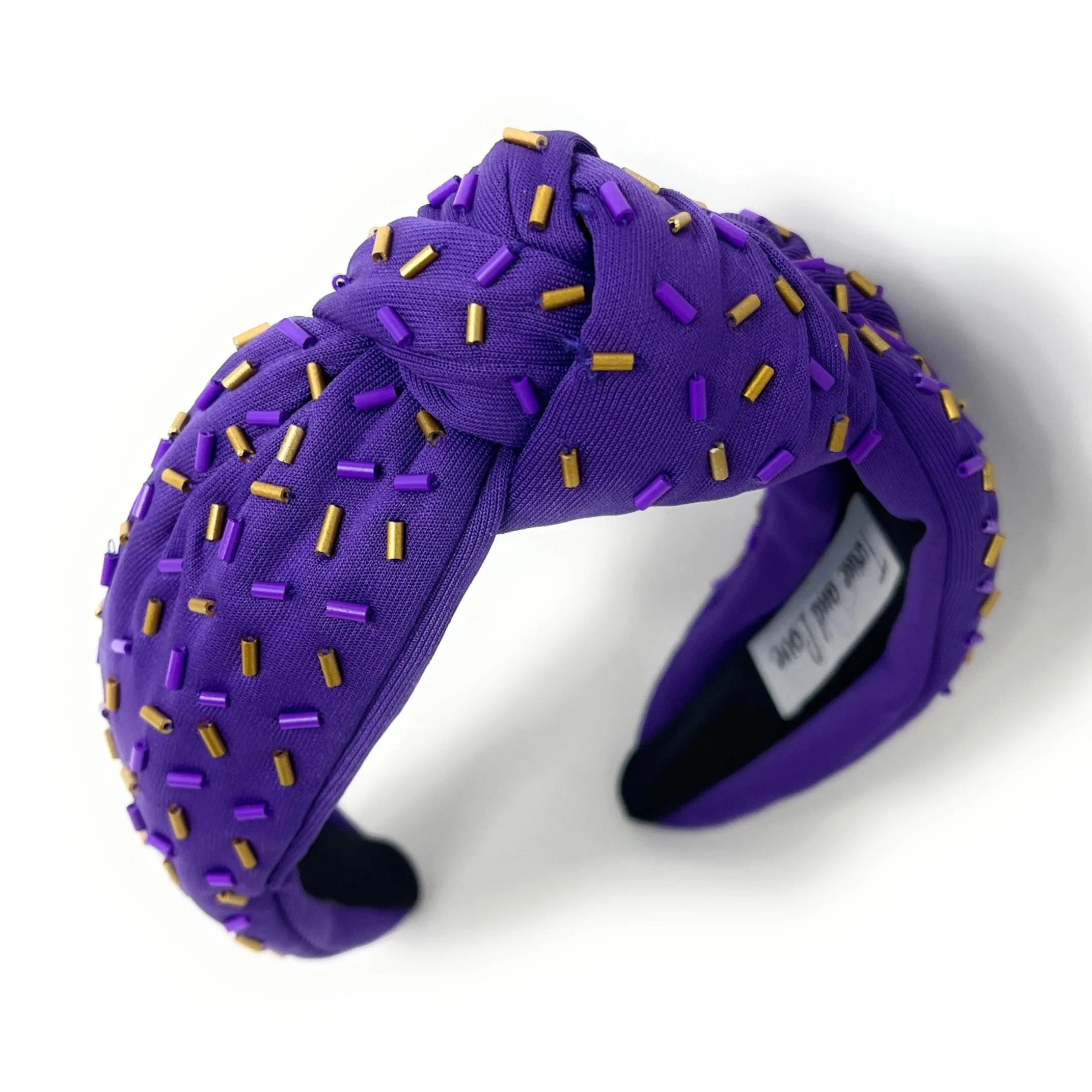Hand Beaded Purple Gold Confetti Knot Headband