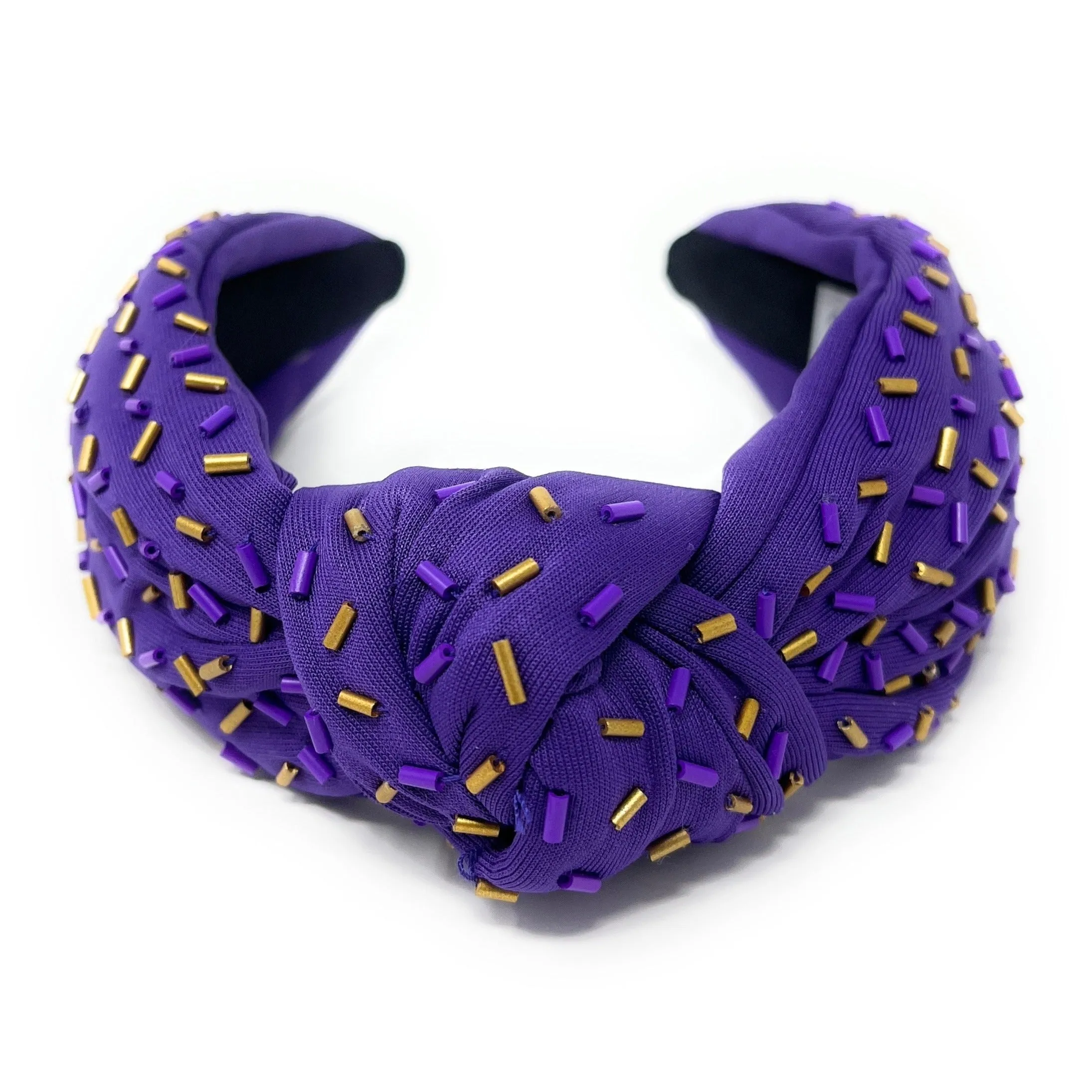 Hand Beaded Purple Gold Confetti Knot Headband