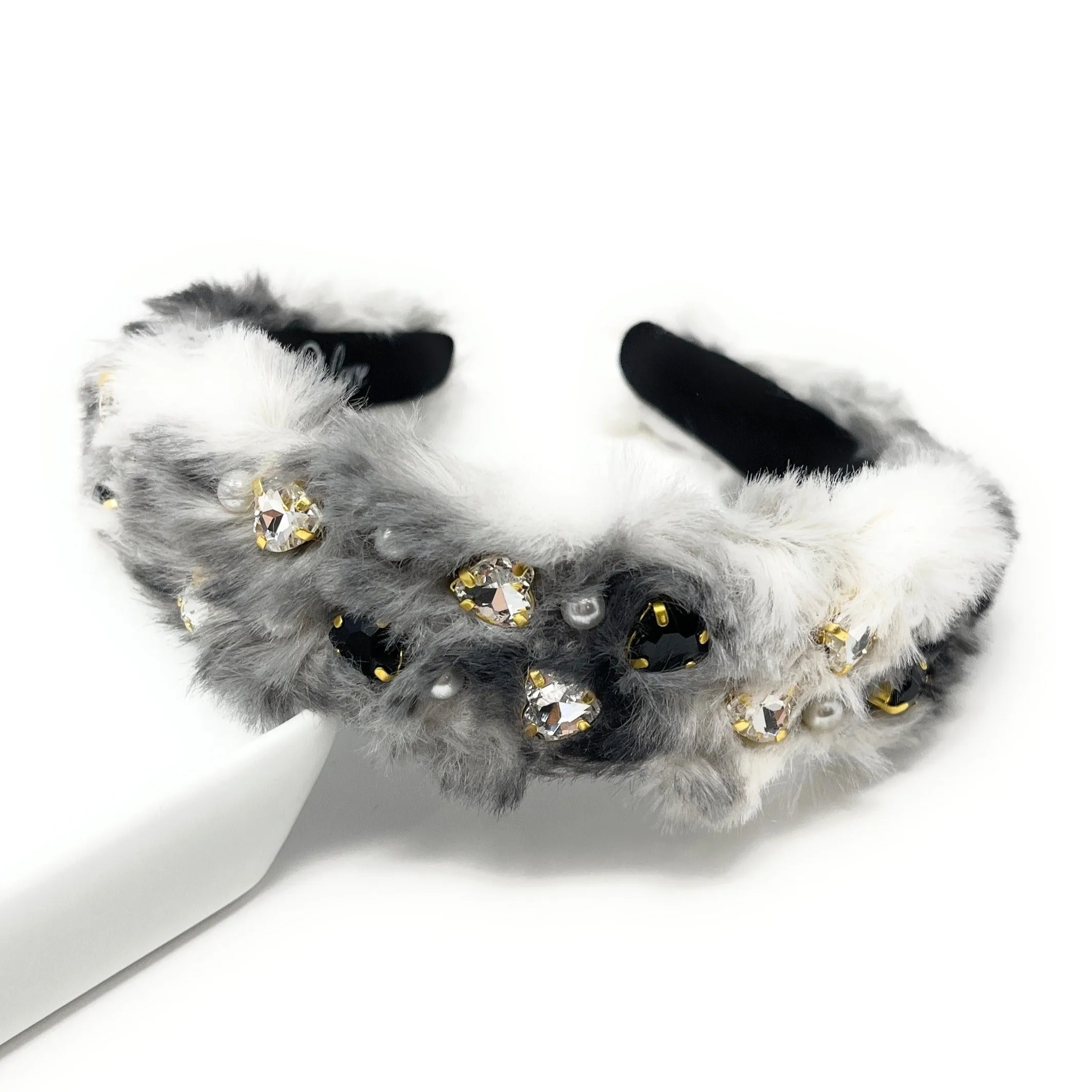 Hand Sewn Faux Fur Jeweled Headband