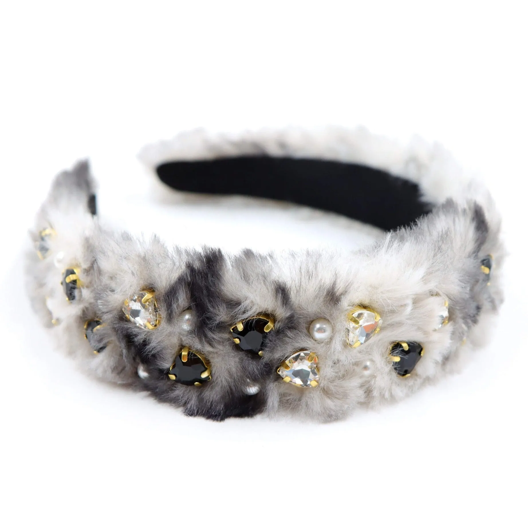 Hand Sewn Faux Fur Jeweled Headband