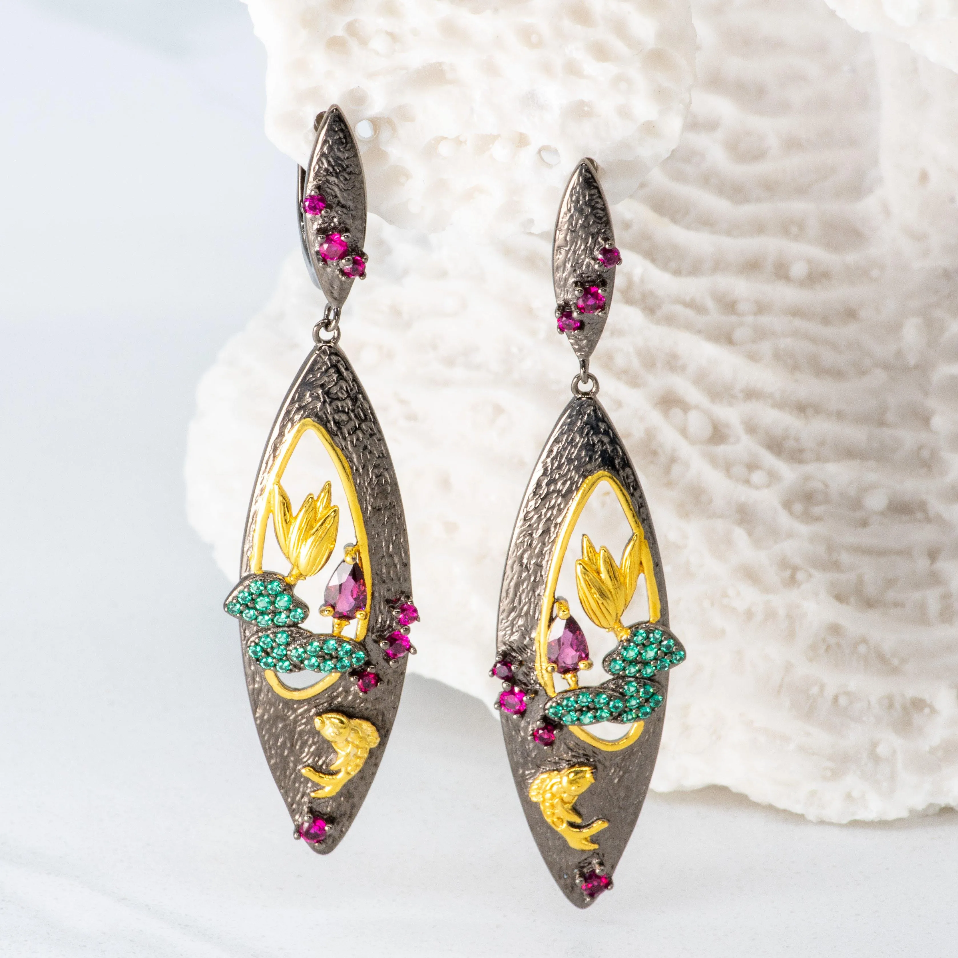 Lily Goldfish Rhodolite Drop Earrings in Sterling Silver