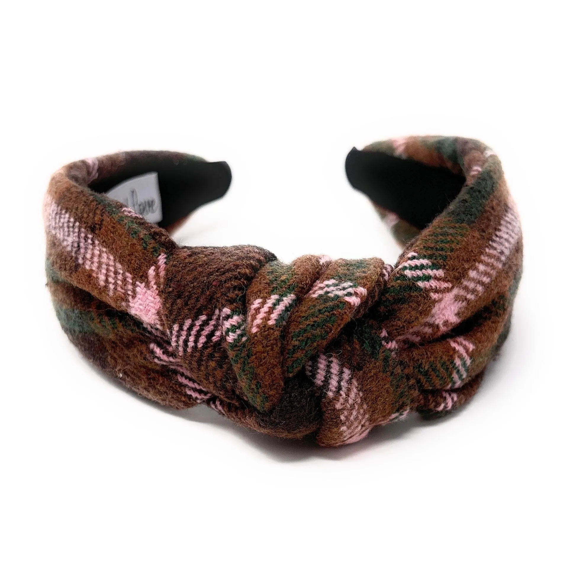 Marie Pink Brown Plaid Top Knot Headband