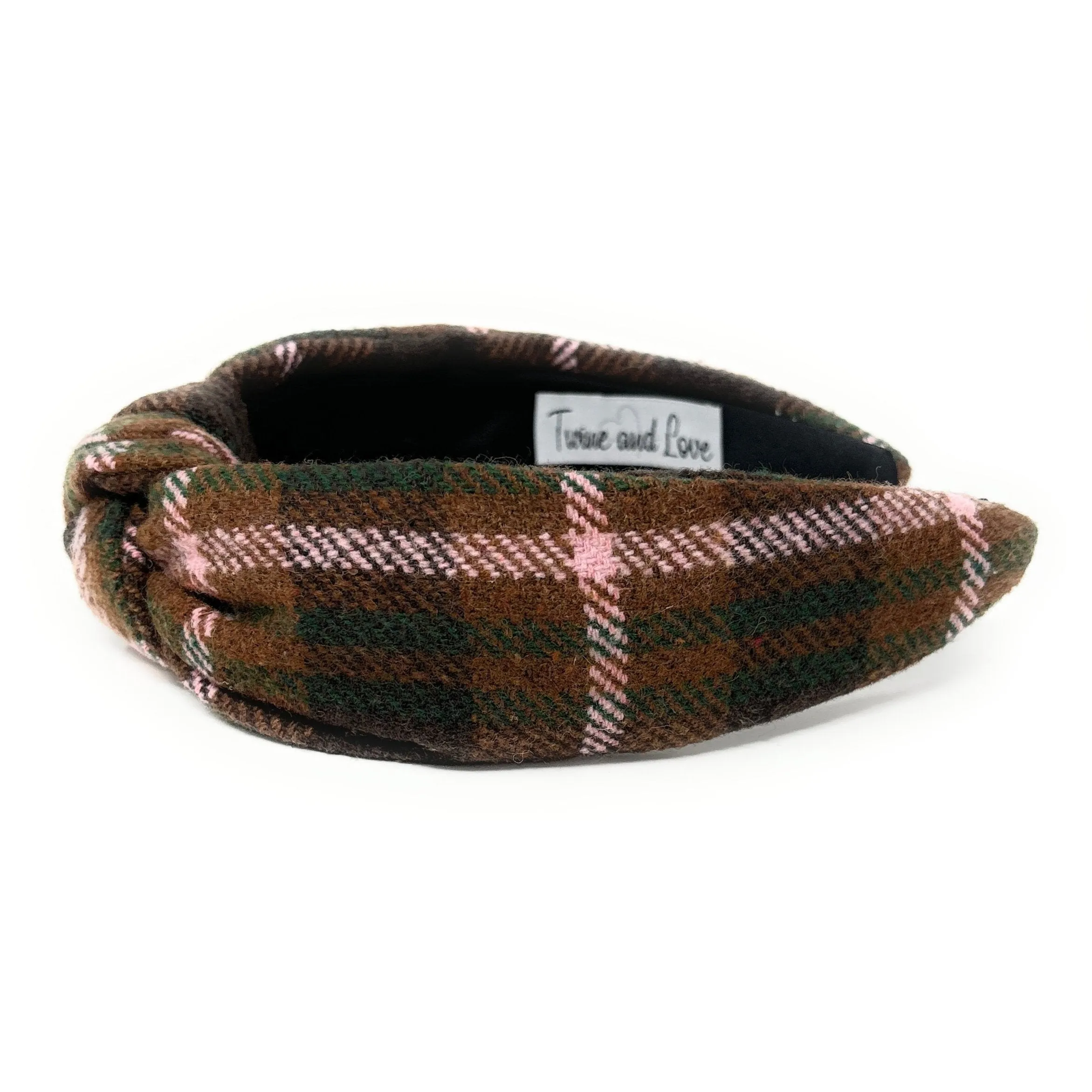 Marie Pink Brown Plaid Top Knot Headband