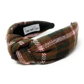 Marie Pink Brown Plaid Top Knot Headband