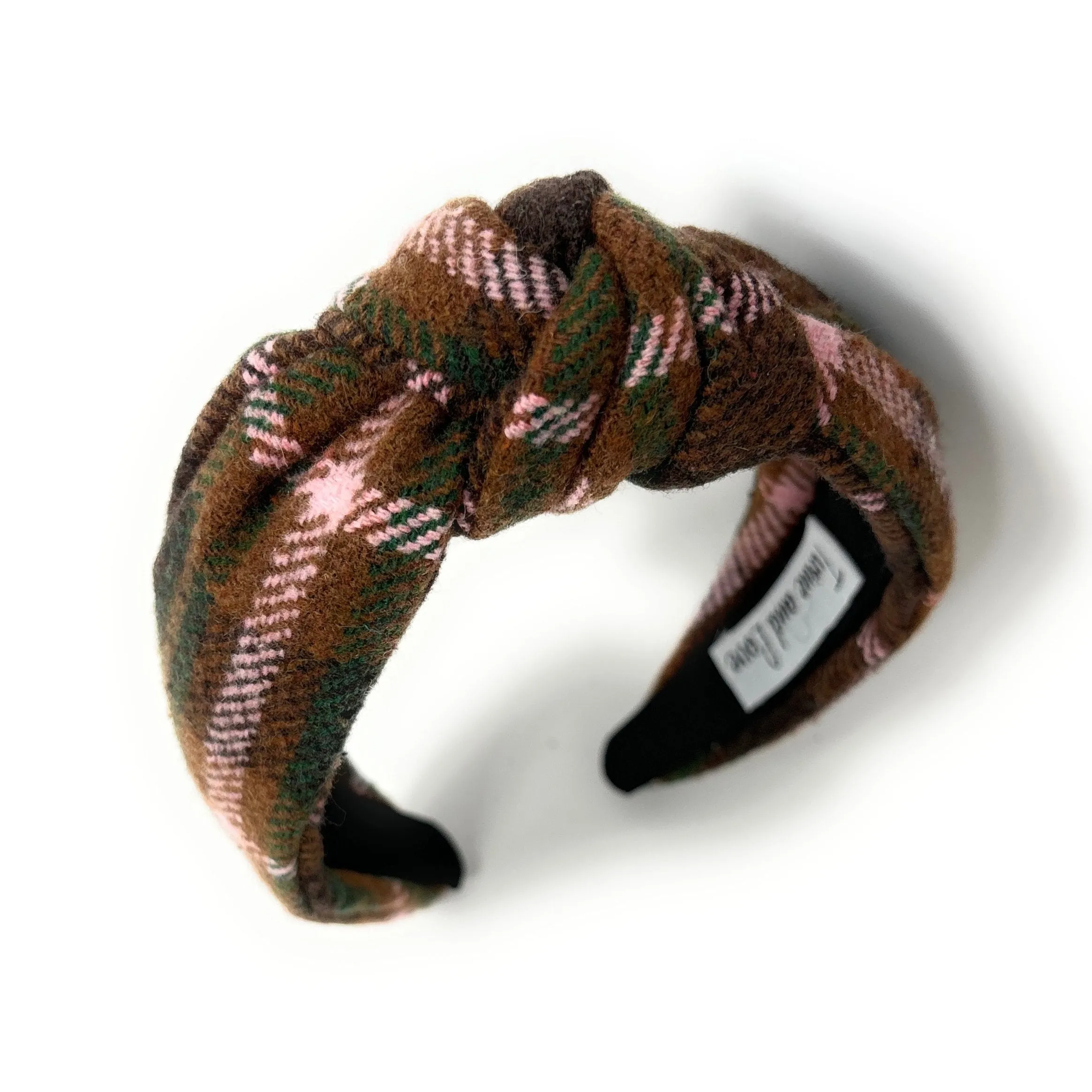 Marie Pink Brown Plaid Top Knot Headband