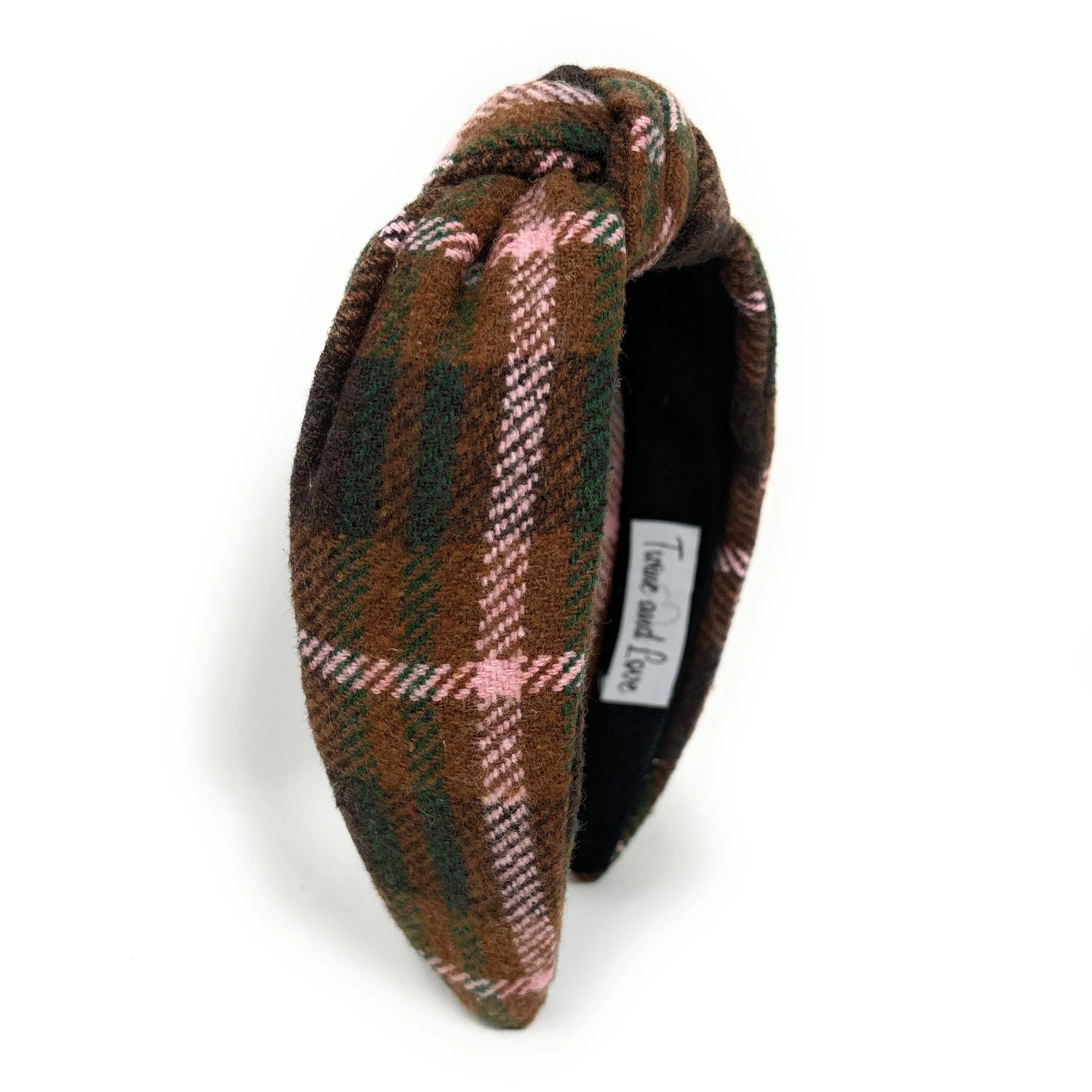 Marie Pink Brown Plaid Top Knot Headband
