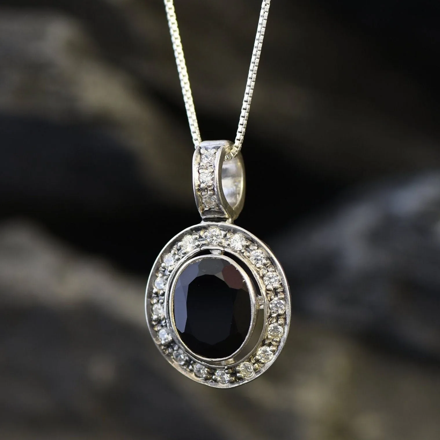 Onyx Pendant - Black Oval Necklace - Vintage Halo Necklace