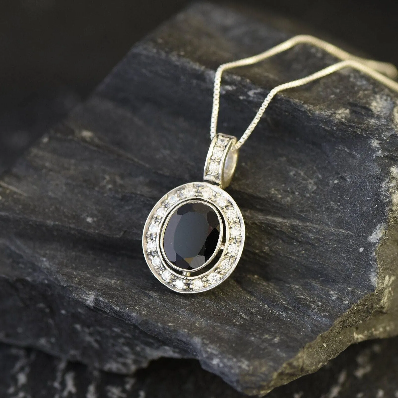 Onyx Pendant - Black Oval Necklace - Vintage Halo Necklace