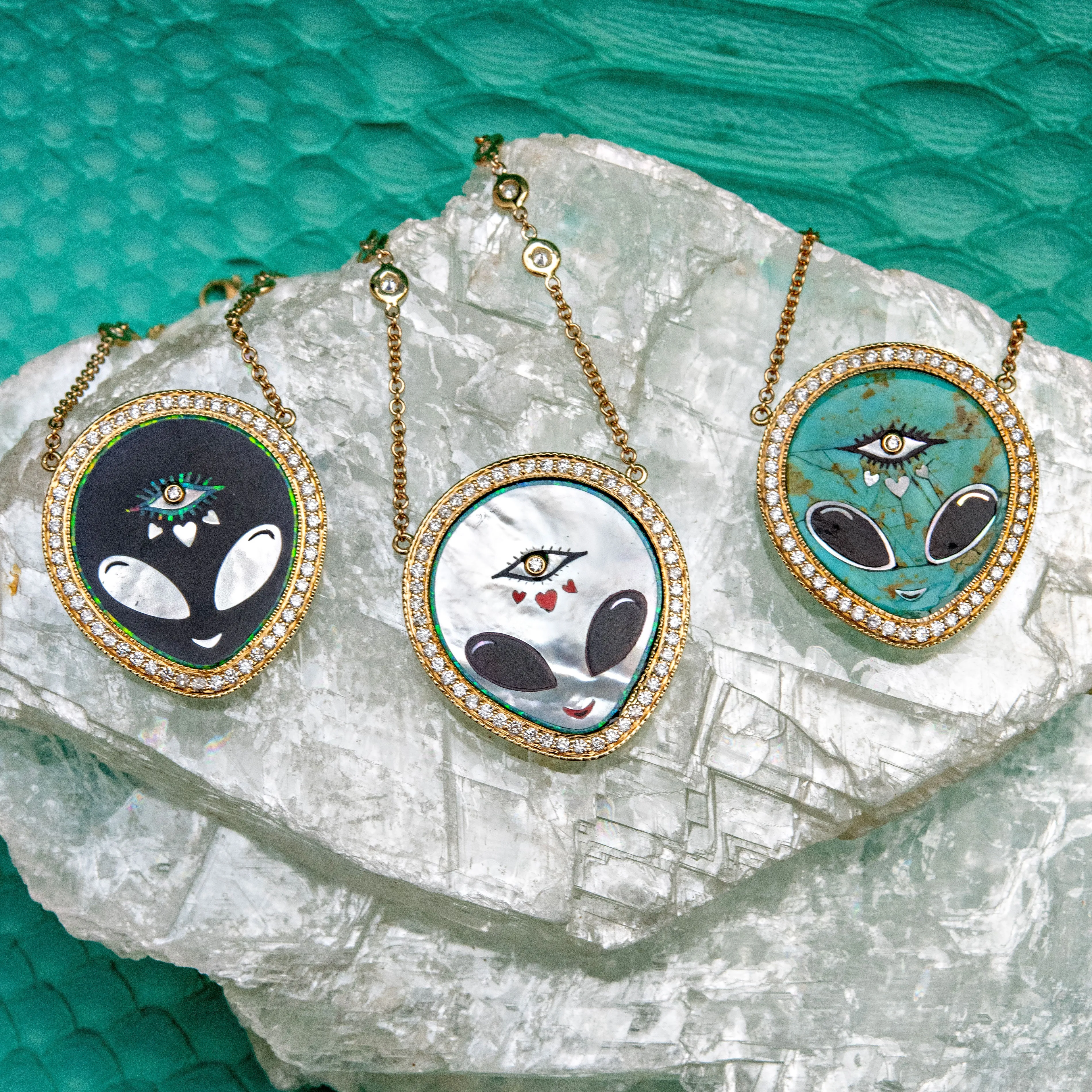 PAVE TURQUOISE   ONYX ALIEN HEART EYE INLAY NECKLACE