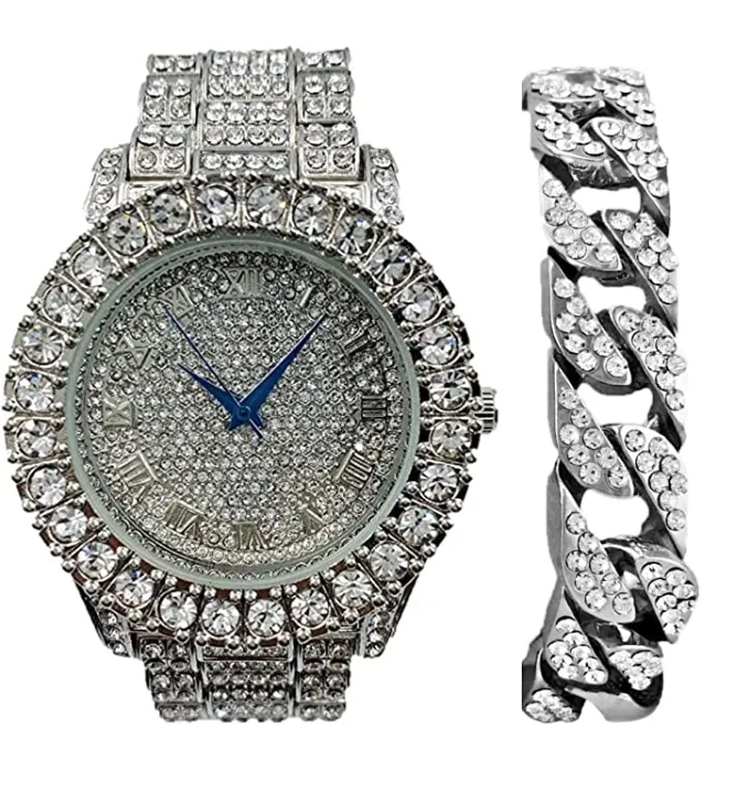 Silver Color Watch Simulated Diamond Red Face Watch Set Cuban Link Bracelet Hip Hop Watch Blue Bling Jewelry Gift Bundle