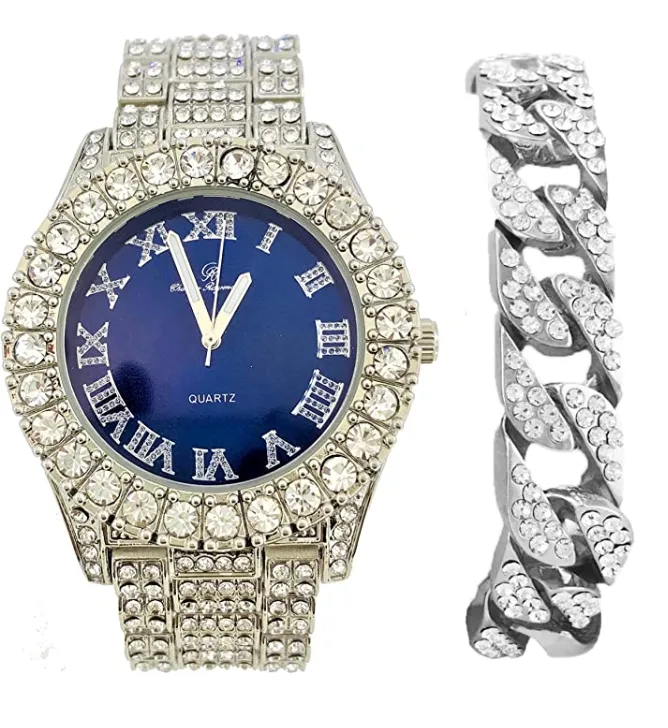 Silver Color Watch Simulated Diamond Red Face Watch Set Cuban Link Bracelet Hip Hop Watch Blue Bling Jewelry Gift Bundle