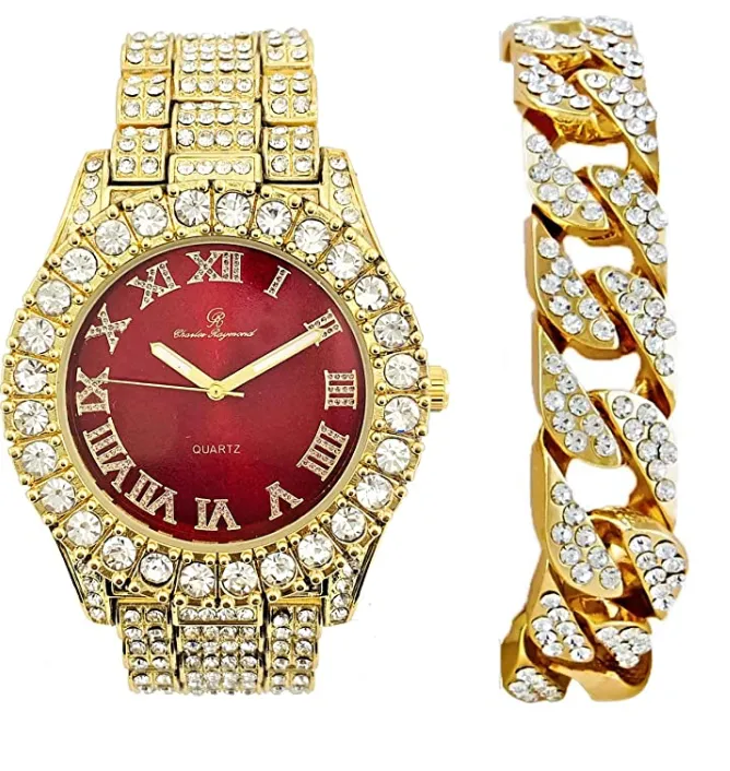 Silver Color Watch Simulated Diamond Red Face Watch Set Cuban Link Bracelet Hip Hop Watch Blue Bling Jewelry Gift Bundle