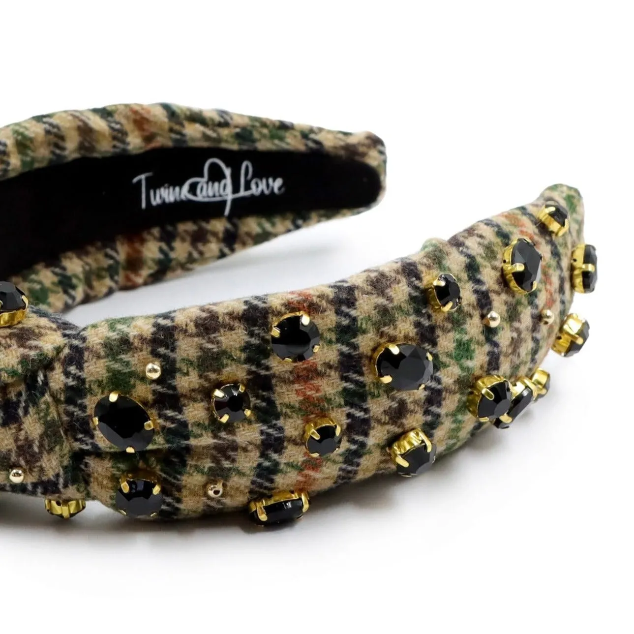 Tan Black Houndstooth Jeweled Knot Headband