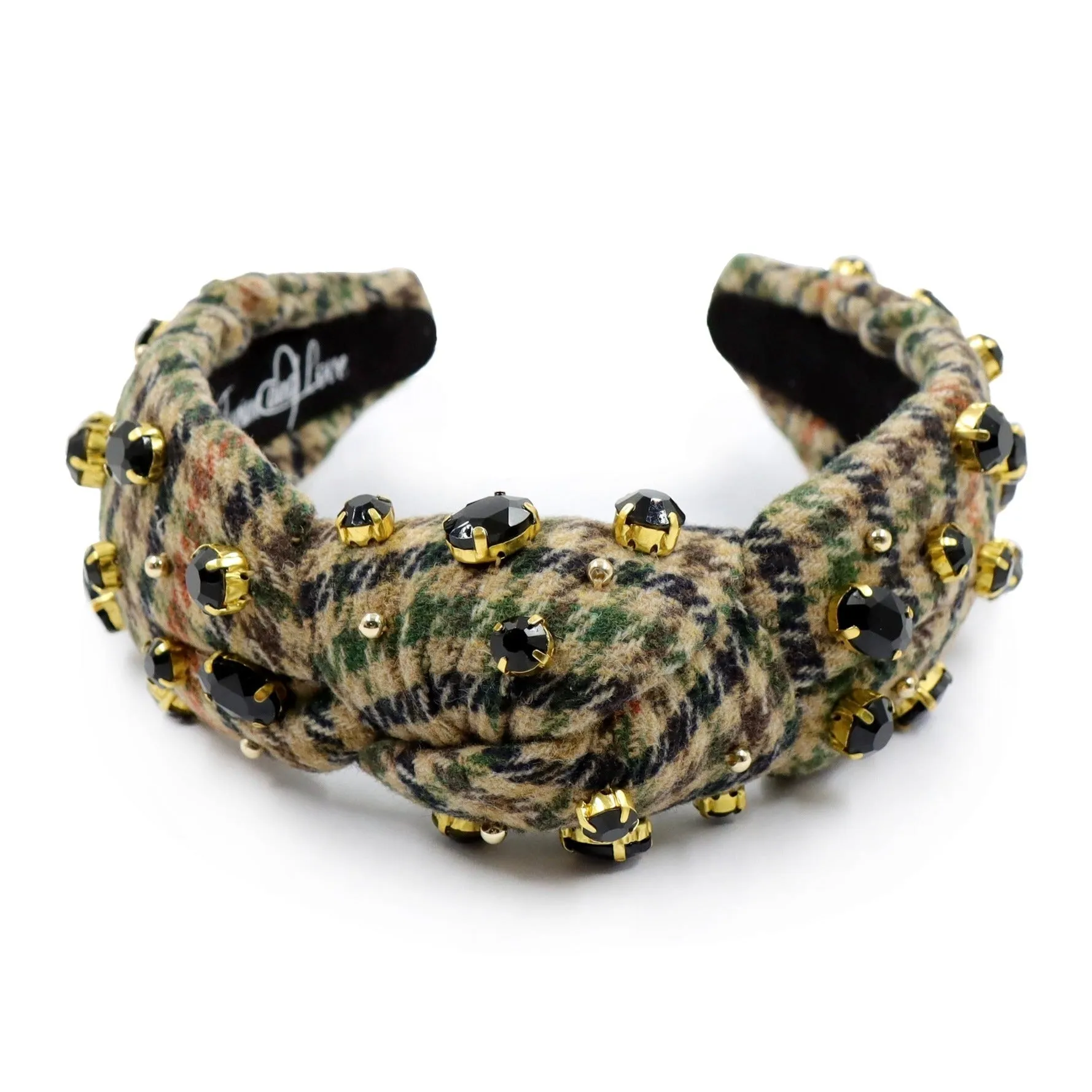 Tan Black Houndstooth Jeweled Knot Headband