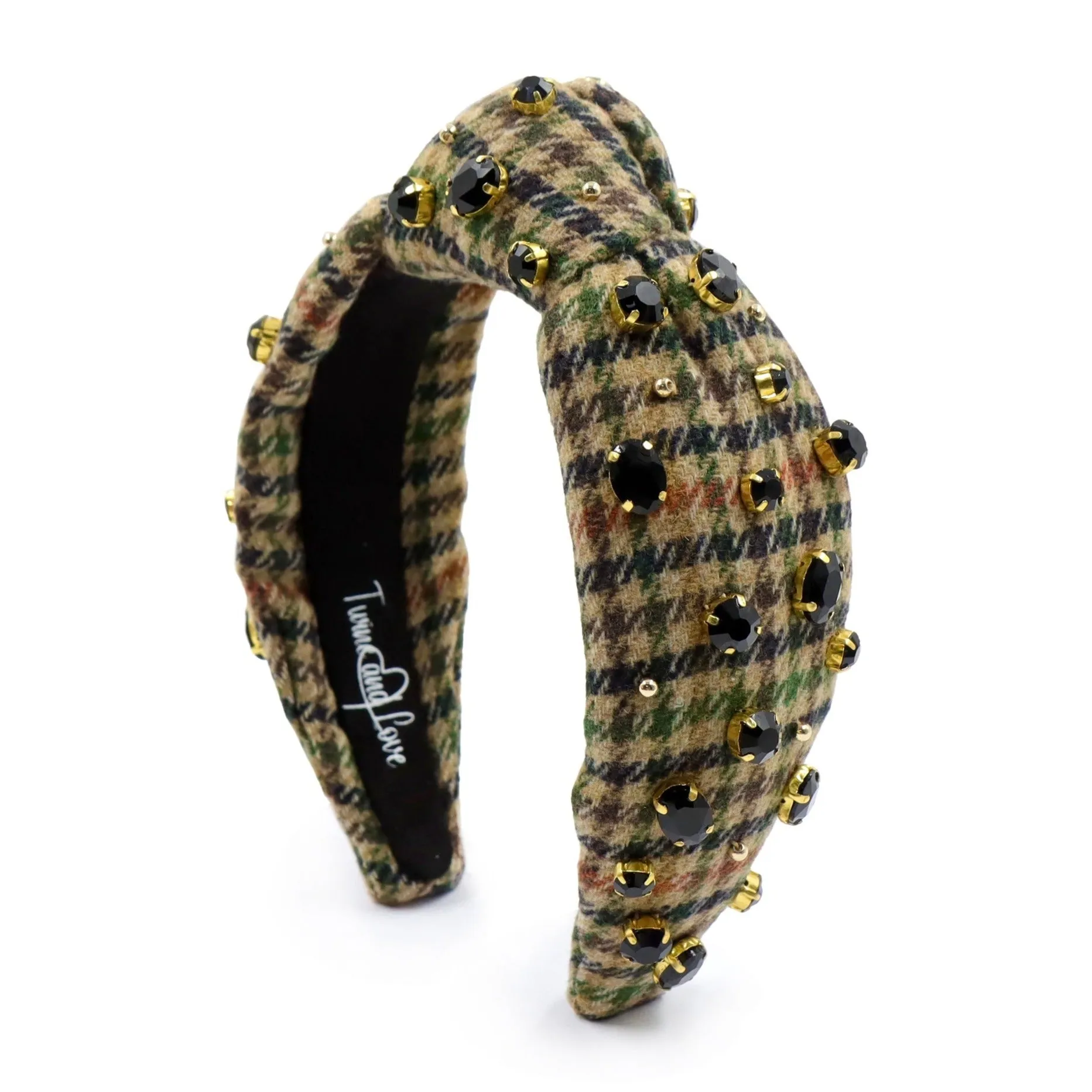 Tan Black Houndstooth Jeweled Knot Headband