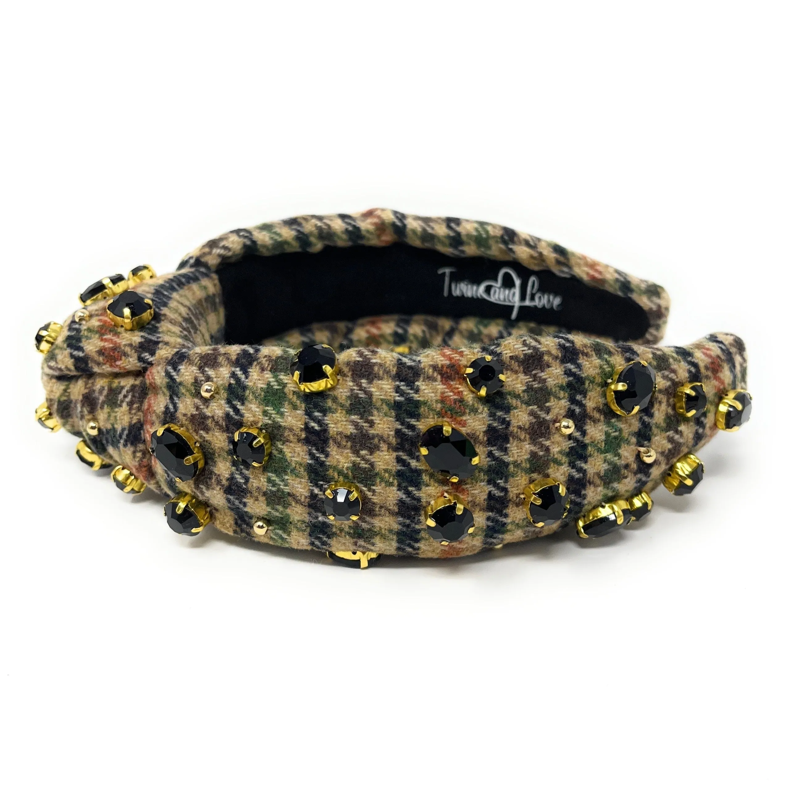 Tan Black Houndstooth Jeweled Knot Headband