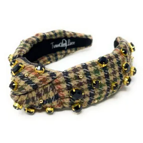 Tan Black Houndstooth Jeweled Knot Headband