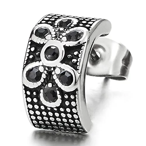Women Steel Half Open Hoop Huggie Hinged Stud Earrings Black CZ Flower and Vintage Checker Pattern