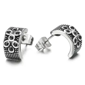 Women Steel Half Open Hoop Huggie Hinged Stud Earrings Black CZ Flower and Vintage Checker Pattern