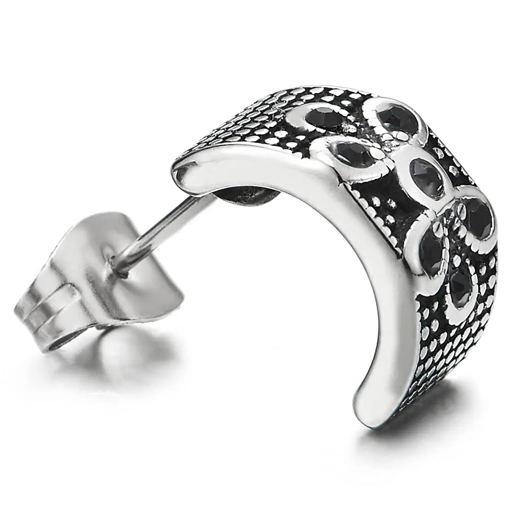 Women Steel Half Open Hoop Huggie Hinged Stud Earrings Black CZ Flower and Vintage Checker Pattern