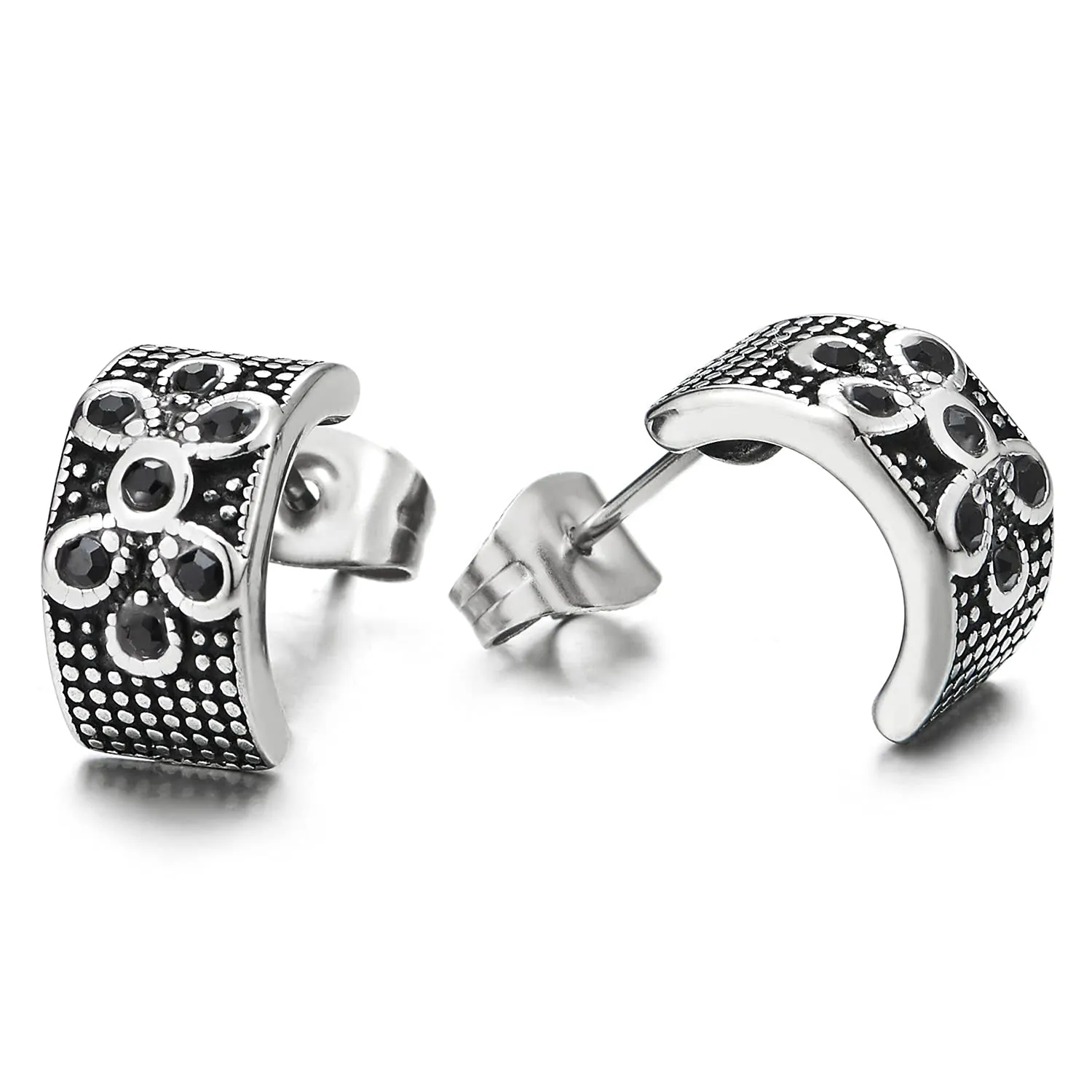 Women Steel Half Open Hoop Huggie Hinged Stud Earrings Black CZ Flower and Vintage Checker Pattern